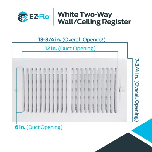 EZ-FLO 12 x 6 Inch (Duct Opening) Air Vent Cover for Wall or Ceiling, Two-Way Ventilation Register, Solid Steel HVAC Register Cover, White, 61612 (Pack of 2) - size: 12 in. x 6 in. (Pack of 2)