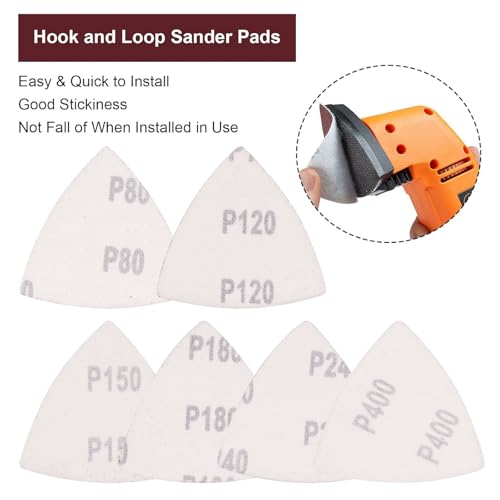 120 Pcs Triangle Sanding Pads, 80/120/150/180/240/400 Grits Detail Sander Sandpaper Hook and Loop Sanding Sheet,3-1/8"(80mm) Triangular Sandpaper for 3-1/8" Oscillating Multi Tool, No Holes - size: 80/120/150/180/240/400 Grit, style: No Hole