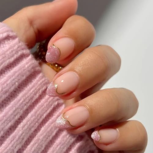 Nude+Pink Cat Eye French Tip Press on Nails Short Almond, with Gold Line French Fake Nails, Reusable Glue-On Stick Nails for Women. Stylish Design with Suitable for Weddings Parties on Nails - color: 4077-Pink Cat Eye Tip, size: 24 Pieces (Pack of 1)