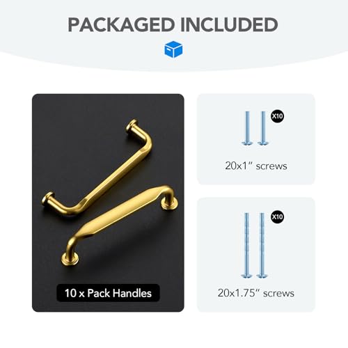 HOME EDIT Gold Solid Cabinet Handles & Pulls 3-3/4 Inch 10 Pack - color: Brushed Brass, size: 3-3/4 inches Hole Center