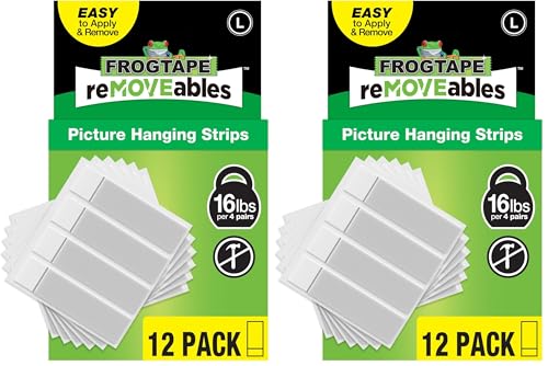 FrogTape reMOVEables Large Picture Hanging Strips, Damage-Free Removable Adhesive Wall Strips, Picture Hangers, Stick On Wall Mounting for Frames, Canvas, Home Décor, White, 12 Pairs (24 Pieces) - size: 12 Pairs (Pack of 2), style: Large