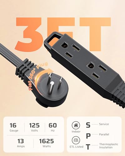 DEWENWILS 3FT 360° Rotating Flat Plug Extension Cord/Wire, 16/3, 2 Pack - color: Black, size: 3FT, style: 2 Pack