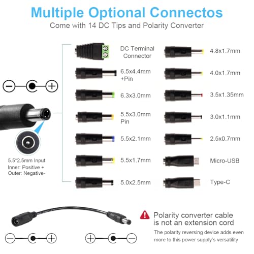 Universal Power Supply 3V~24V 6A 144W Adjustable Variable 3V 5V 9V 12V 18V 20V 24V AC/DC Adapter Charger, 100V-240V AC to DC Converter with 14 Tips, Polarity Converter and 4-Way Power Splitter Cable - style: 3~24V6A 144W