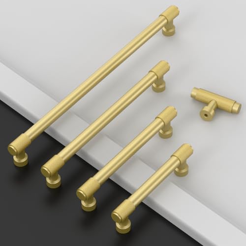 Amerdeco 10 Pack Brushed Gold Knurled Cabinet Pulls 3.75 Inch(96mm) Hole Center Kitchen Cabinet Handles Drawer Pulls Cabinet Hardware ZH0034 - color: Brushed Gold, size: 3.75"/96mm Hole Center