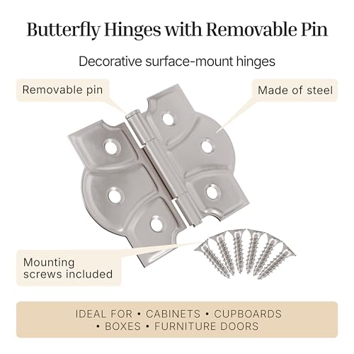 Polished Nickel Butterfly Hinges with Removable Pin - Pack of 2 - Surface Mount Cabinet Door Hinges - UA-261-HPN (1) - color: Nickel