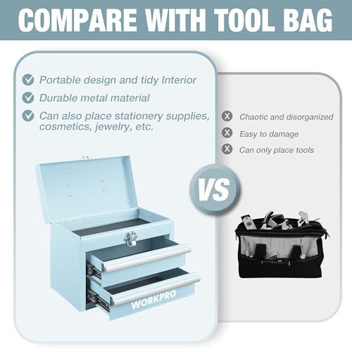 WORKPRO Portable Mini Metal Tool Box with 2 Drawers - color: Macaron Blue