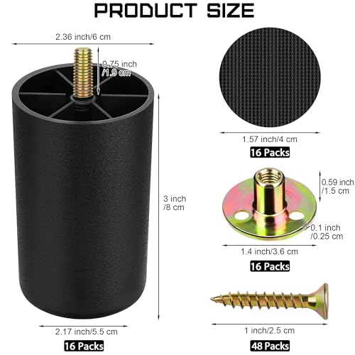 TURSTIN 16 Pack 3 Inch Plastic Furniture Legs with M8 T-Nuts Screws Tapered Sofa Couch and Chair Legs Replacement Furniture Leg for DIY Projects Sofas Coffee Tables Dressers Beds - size: 3 inch
