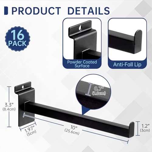 16 Pack Heavy Duty Tube Slatwall Shelf Brackets, Metal Tubular Slat Wall Brackets with Lip, Slatwall Accessories for Garage, Retail, and Home Storage - size: 10 Inch, style: Black