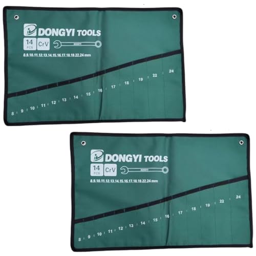 2 Pack Wrench Roll Up Pouch Wrench Set Roll Organizer 14 Pocket Slot Canvas Tool Bag Rolling Pouches for Ratcheting Wrench Set Combination Wrench Sets 8mm to 24mm Metric Wrenches Set