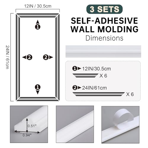 Melkus Peel and Stick Wall Molding Kit, 3 Sets 12" x 24" Precut Wainscoting Panels, Self Adhesive Molding Trims for Interior Wall Décor - size: 3 Set/12"x24"