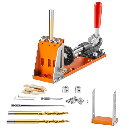 VEVOR Pocket Hole Jig Kit, Adjustable and Easy to Use Pocket Hole Jig System with Step Drills, Wrenches, Drill Stop Rings, Screws and Square Drive Bits, Dual Scale Marks, for DIY Carpentry Projects - color: Orange