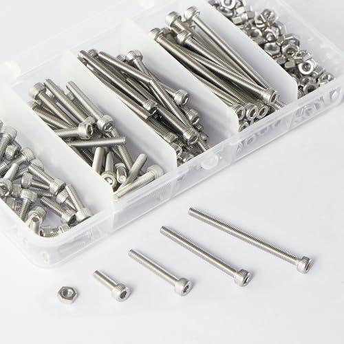 M3 x 10mm 20mm 30mm 40mm Hex Socket Head Cap Screws Bolts and Nuts, Stainless Steel 304, Bright Finish, Metric Allen Drive, Fully Thread, Assortment Kit 200PCS - size: Socket M3x10-40mm+Nuts