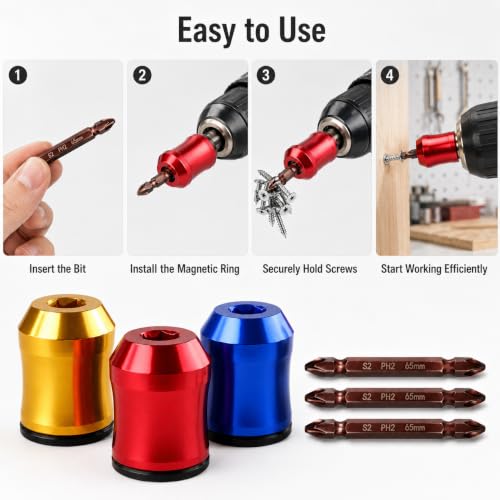 Magnetic Screw Holder Set, 3 PCS Bit Magnetizer Rings with 3 PCS PH2 Screwdriver Bits, Strong Magnetic Drill Bit Holder for 1/4 Inch Hex Bits, Magnetic Screw Holder for Drill, DIY Repair Tool
