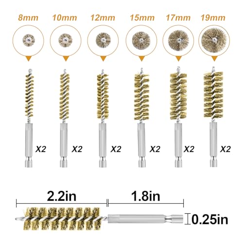 12Pcs Stainless Steel Bore Brush Set,Setwire Brush for Drill, with 8mm-19mmAbrasive Wire Brush , Rust Remover and Pipe Cleaner for Metal Surfaces with 1/4" Hex Shank - style: Brass