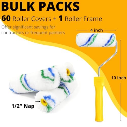 4" Small Paint Roller 4 Inch,1/2" Nap with Roller Handle,61 Pack - size: 60 Pack 4"Roller 1/2 Nap+Handle