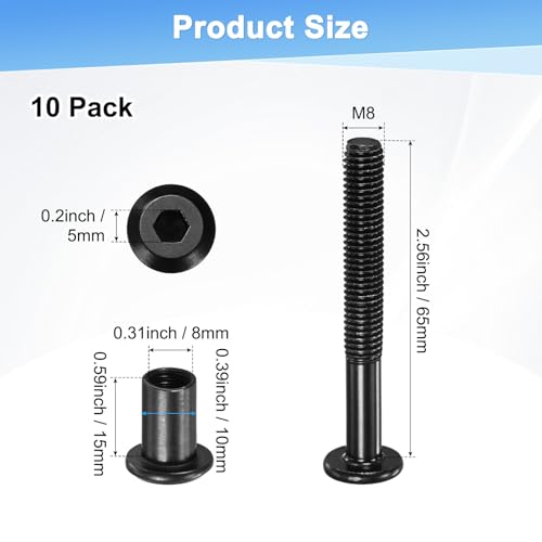 M METERXITY 10-Pack Hex Drive Socket Cap Bolt, M8 x 44mm Carbon Steel Furniture Connector Bolts Barrel Nuts for Furniture Assembly/Cabinet/DIY Binding Post Screws Rivet Fasteners [Black] - size: M8 x 44mm