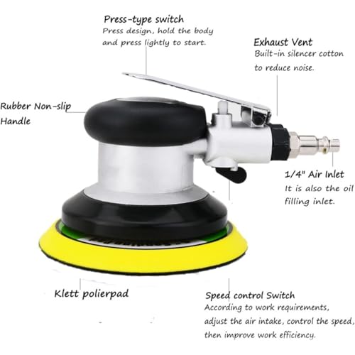 Random Orbital Air Sander 6" Pneumatic Palm Sander DA Sander, Low Vibration Noise Reduction, 12000 RPM, Hook & Loop, for Auto Body, Car Detailing, Wood, Metal Polishing & Buffing - size: 6 inch