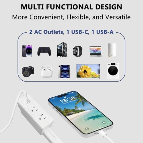 Electrical Outlet Extender Stick, Rotatable 180°,with USB-A,USB-C and 2AC, from 17.5'' - 27.5'', for Sofas, Bedside Tables, and Behind desks
