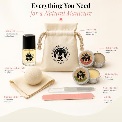 Natural Nail Kit | Nail Buffer and Shine Kit with Cuticle Oil, Nano Glass Nail File, Chamois Cloth, Wool Buffing Ball, Buffing Paste & Finishing Wax for Natural Nails | At Home Manicure - style: Complete kit