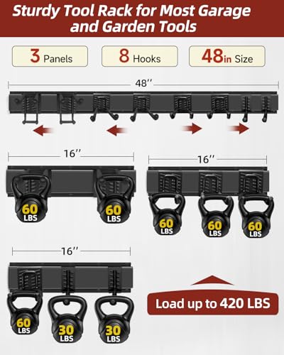 Garage Tool Organizer Wall Mount, 48in Tool Rack, 420LBS Capacity - size: 48" 3 Panels & 8 Hooks