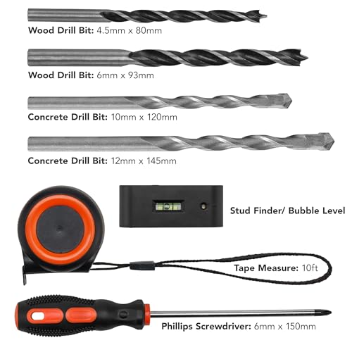 Mount-It! Universal TV Mount Installation Kit, 7-Piece Set Includes 2 Wood Drill Bits, 2 Concrete Drill Bits, 1 Stud Finder with Bubble Level, 1 Tape Measure, 1 Philipps Screwdriver