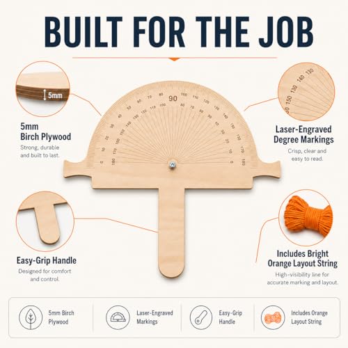 Wooden Angle Finder Tool with Orange String Line, 12" x 10" Birch Plywood Angle Ruler Protractor, 5mm Degree Finder for Construction Layout, Fencing, Foundation Marking, Welding, Pipelining & DIY