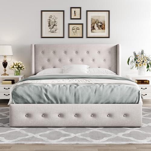 Allewie Full Size Lift Up Storage Button-Tufted Bed Frame Light Beige - color: Beige, size: Full, style: Traditional