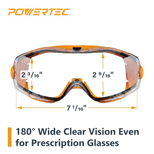 POWERTEC Safety Goggles Over Glasses, Scratch Proof UV Protection Anti-fog Safety Goggles, Chemical Splash Protective Eyewear W/Adjustable Headband for Woodworking, Mowing, Construction (71563)