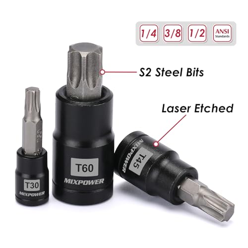 MIXPOWER 25 Piece Torx Bit and Socket Set, 13 Star Bits (T8- T60) & 12 E-Torx Sockets (E4-E22), Professional Grade Auto & Motorcycle Mechanic Set - size: T8-T60,E4-E22(25PCS)