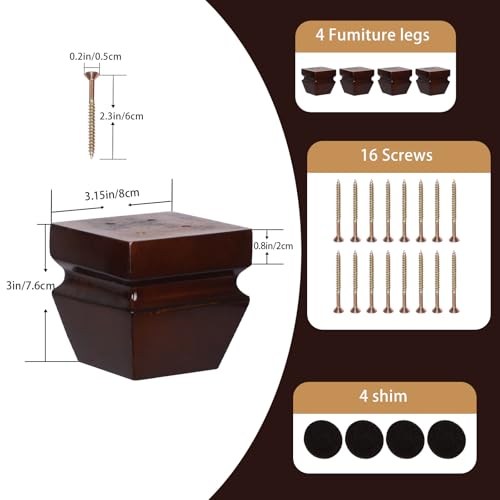 Wood Legs for Furniture 3 inch Heavy Duty Sofa Legs Square Brown Bed Legs Pack of 4, Mid Century Chair Feet, Sofa Replacement Parts, Dresser Leg Sideboard Recliner Couch Riser - color: Brown, size: 3"H*3.15"W (No Hanger Bolt)