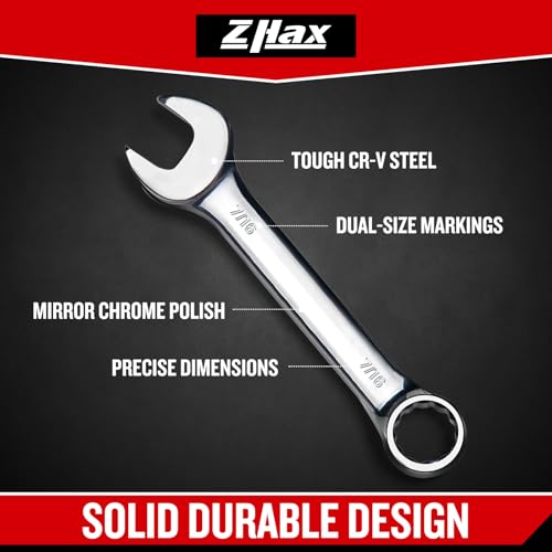 zhax 7/16" SAE Stubby Combination Wrench, 12 Point Box End, 15 Degree Offset Design, Mirror Polish Finish, Forged CR V Steel, Hand Tools for Mechanics, Ideal for Auto and Home Repair - size: 7/16"