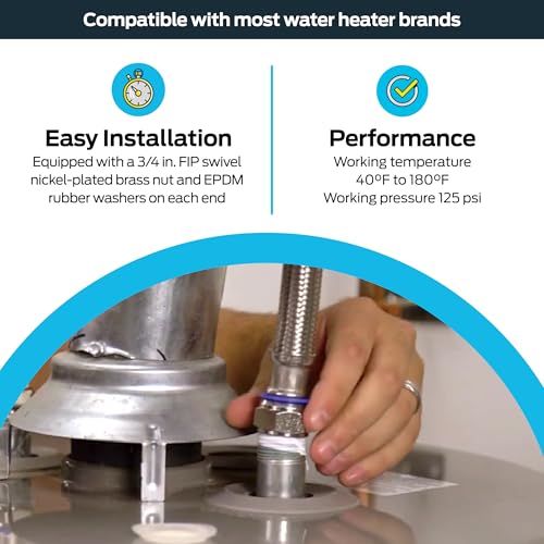 Eastman 12 Inch Steel-Flex Water Heater Connector, 3/4 Inch x 3/4 Inch FIP Swivel, Braided Stainless Steel Water Heater Connectors, 48250 - size: 12 Inch