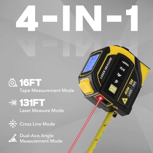4-in-1 Laser Tape Measure - Class 2, 131FT Laser Distance Meter, 16FT AutoLock Tape Measure, Cross-Line Laser Level, Dual-Axis Electronic Angle, LCD Display, for DIY, Construction Projects