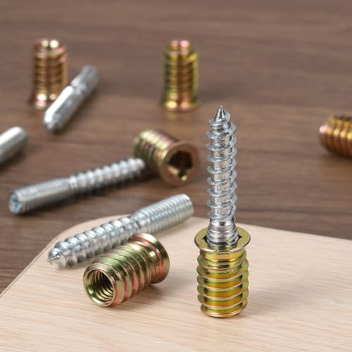 uxcell M6x60mm Hanger Bolts, 8pcs 31mm Wood Dowel Screw Self-Tapping Screw with 8pcs M6x24mm Threaded Insert Nuts Interface Hex Socket Drive, for Joint Furniture Legs