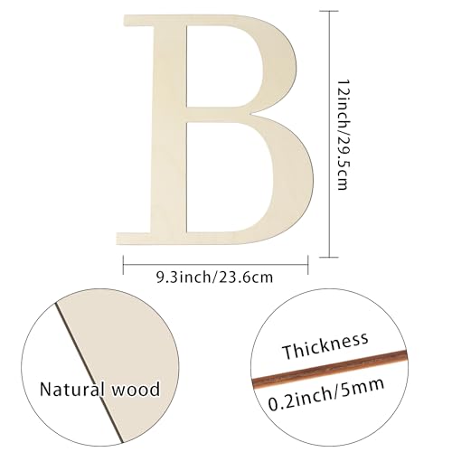 12 Inch Large Wooden Letters B for Wall Decor Unfinished Wood Letter Cutout | Paintable Alphabet Letter for DIY Wood Crafts Project 1/5 Inch Thick Cutouts Birthday Wedding Party Home Name Sign Decoration - color: B