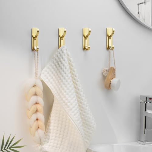 Adhesive Wall Hooks for Towel/Coat,13Lb Strong Stick-On Hooks, Gold 4 Pack - color: Gold, size: 4 Pack