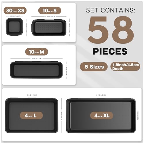 A-LUGEI【𝟱𝟴𝗣𝗰𝘀】【5 Size】 Tool Box Organizer Tray Divider Set, 【Black】 Desk Drawer Organizer, Garage Organization and Storage Toolbox Accessories Rolling Tool Chest Cart Cabinet WorkBench Small Part - size: 58pcs-5 Size