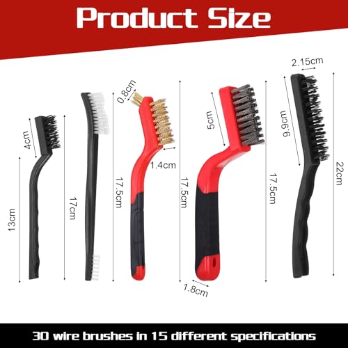 30 Pcs Wire Brush Set for Cleaning - Nylon, Stainless Steel & Brass Bristles with Curved Handles for Rust, Paint, Grout & Dirt Removal