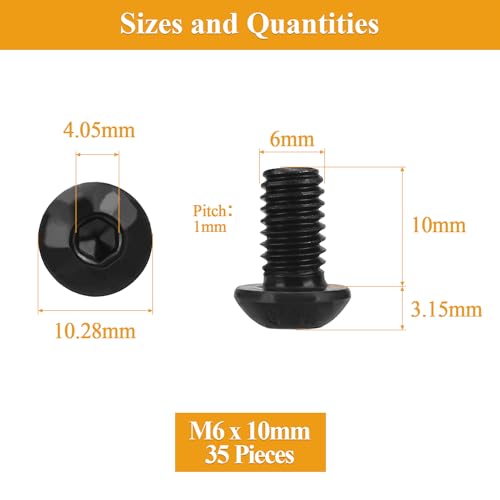 35 Pieces M6 x 10mm Button Head Socket Cap Screws, Thread Pitch 1.0mm, Sutemribor M6 Black Screws, 10.9 Grade Alloy Steel, Black Oxide Finish, Fully Threaded - size: M6 x 10mm, style: Button Head