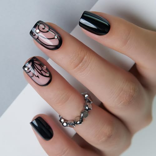 CurvLife Short Square Press On Nails, Rhinestone Swirl Black, Soft Gel - color: black