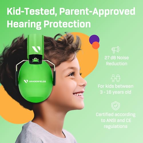 Kids Noise Canceling Headphones - 33 dB (2K Hz) - Ear Protection Earmuffs | Vanderfields' earmuffs protect child's hearing with certified noise-cancellation, soft ear cushions, and adjustable headband - color: Green