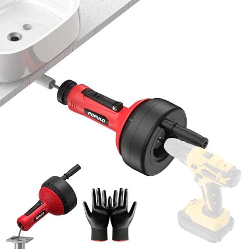 POPULO Auto-Feed 17FT Drain Snake Auger for 3/4"-2" Pipe, Plumbing Snake Drain Auger with Drill Adapter, Sink Snake Drain Hair Remover for Kitchen, Bathroom and Shower Sink, PMDA-5