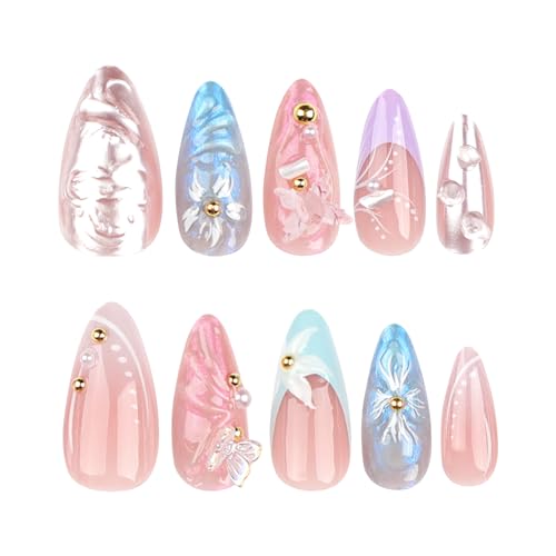 3D Flower Butterfly Press On Nails, Medium Length Almond Blue Pink Floral Pearl French Tip, Cute Charms Designer Reusable Acrylic Fake Nails, Spring Summer Daily Wear for Women - color: LF-3267, size: 24 Pieces (Pack of 1)