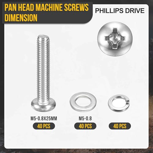 DTGN M5-0.8x25 Phillips Pan Head Machine Screw W/Washer 304 Silver 120pcs - size: M5-0.8x25mm