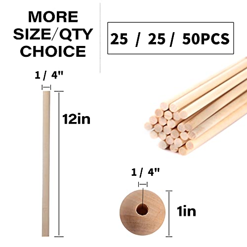 25PCS Wooden Dowel Rods and 25PCS Dowel Caps, 1/4" Diameter x 12" Length Cake Dowel Rods Wooden Lollipops and 1" Diameter with 1/4" Hole Wood Dowel Caps for Crafts and DIYers,Set of 50