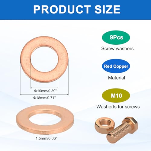 MECCANIXITY 9Pcs Flat Washer, M10 Copper Washers Copper Sealing Ring Crush Washer Kit Assortment, 10mm ID, 18mm OD, 1.5mm Thick for Bolts Screws Machinery Repair - size: 10mmx18mmx1.5mm