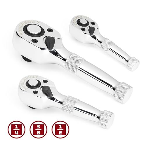 Powerbuilt 3 Piece 1/4-Inch, 3/8-Inch and 1/2-Inch Stubby Ratchet Set, Quick-Release Reversible 90 Tooth, Tight Spaces, Mini Small Ratchet Wrench - 643153ECE - style: 3 Pc Ratchet Set