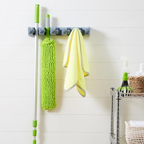 Amazon Basics Rectangular Heavy Duty Wall Mount Broom and Mop Holder, Sturdy Tool Organizer with Hooks and Slots for Garage, Garden, Laundry, Kitchen Organization, 2.36 x 16.9 x 3.35 in, Gray