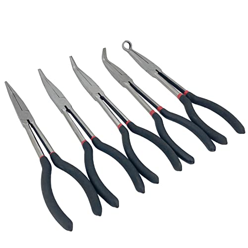 5 Piece Long Reach Plier Set - 11” Long Needle Nose Pliers Sets - Straight, 25, 45, 90-Degree Angle, Long Reach Bent Circle Pliers for Hard-to-Reach Narrow Spaces