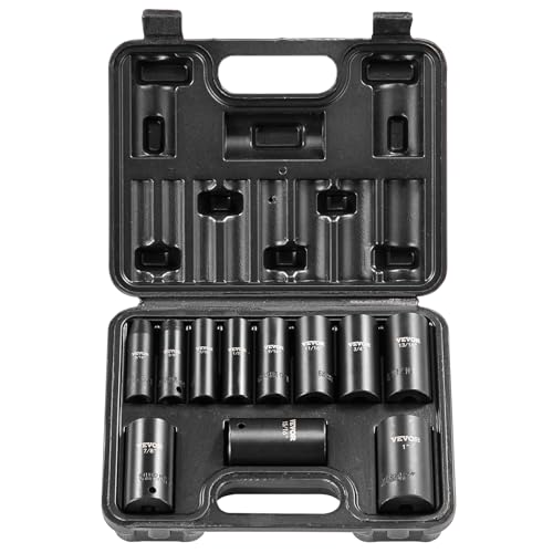 VEVOR 3/8" Drive Impact Socket Set, 11 Piece Deep Socket Set SAE 5/16"-1", 6 Point CR-V Alloy Steel for Auto Repair, Easy-to-Read Size Markings, Rugged Construction, Includes Storage Case - size: 3/8" 11PCS Deep